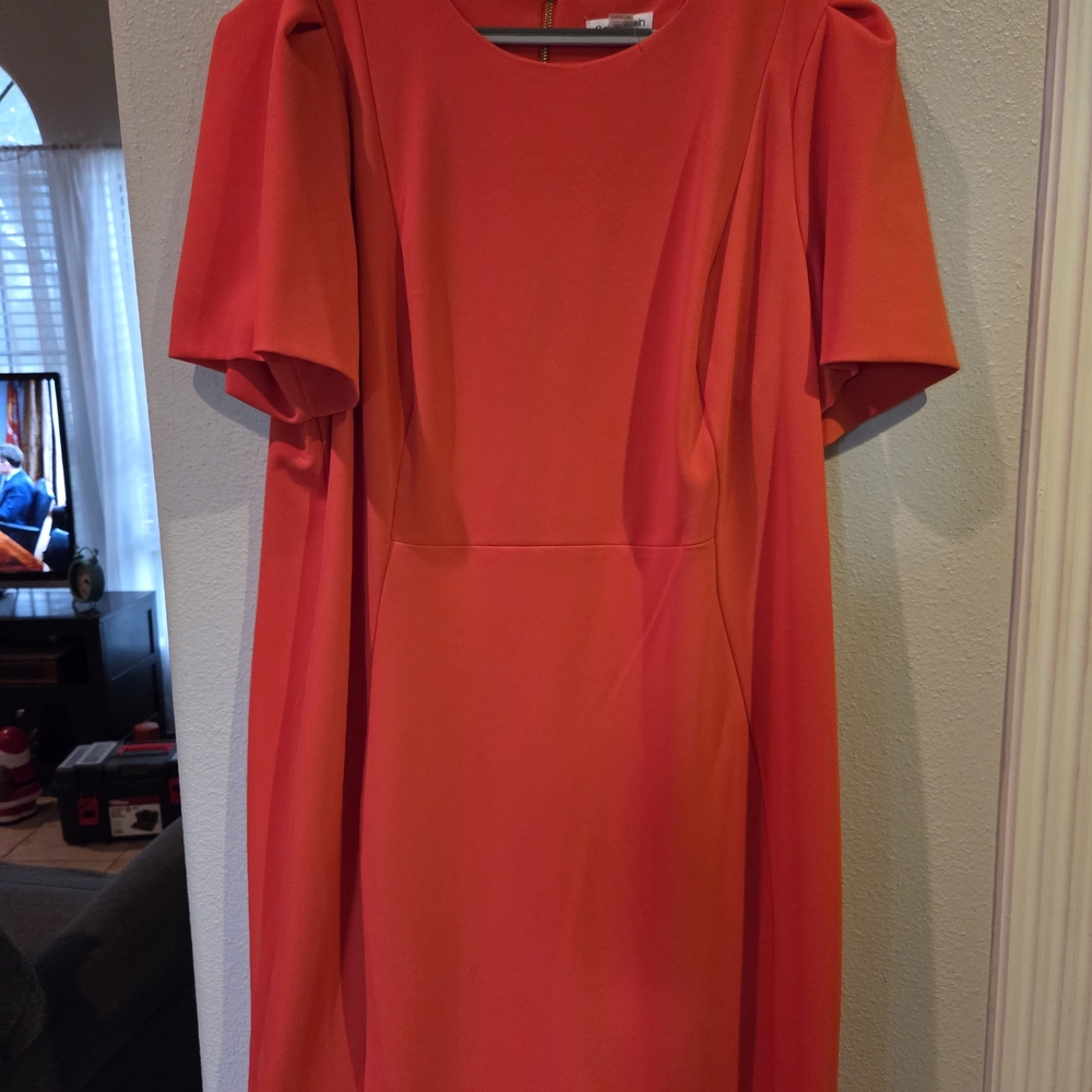 Calvin Klein Vibrant Orange Midi Tailored Gold Zipper Polyester Dress 20W